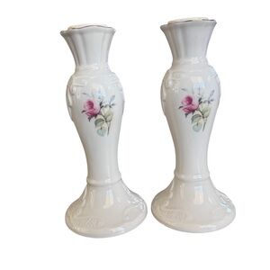 Vintage White Porcelain Rose Candlestick Holders Set of 2 Pink Floral Gold Rim